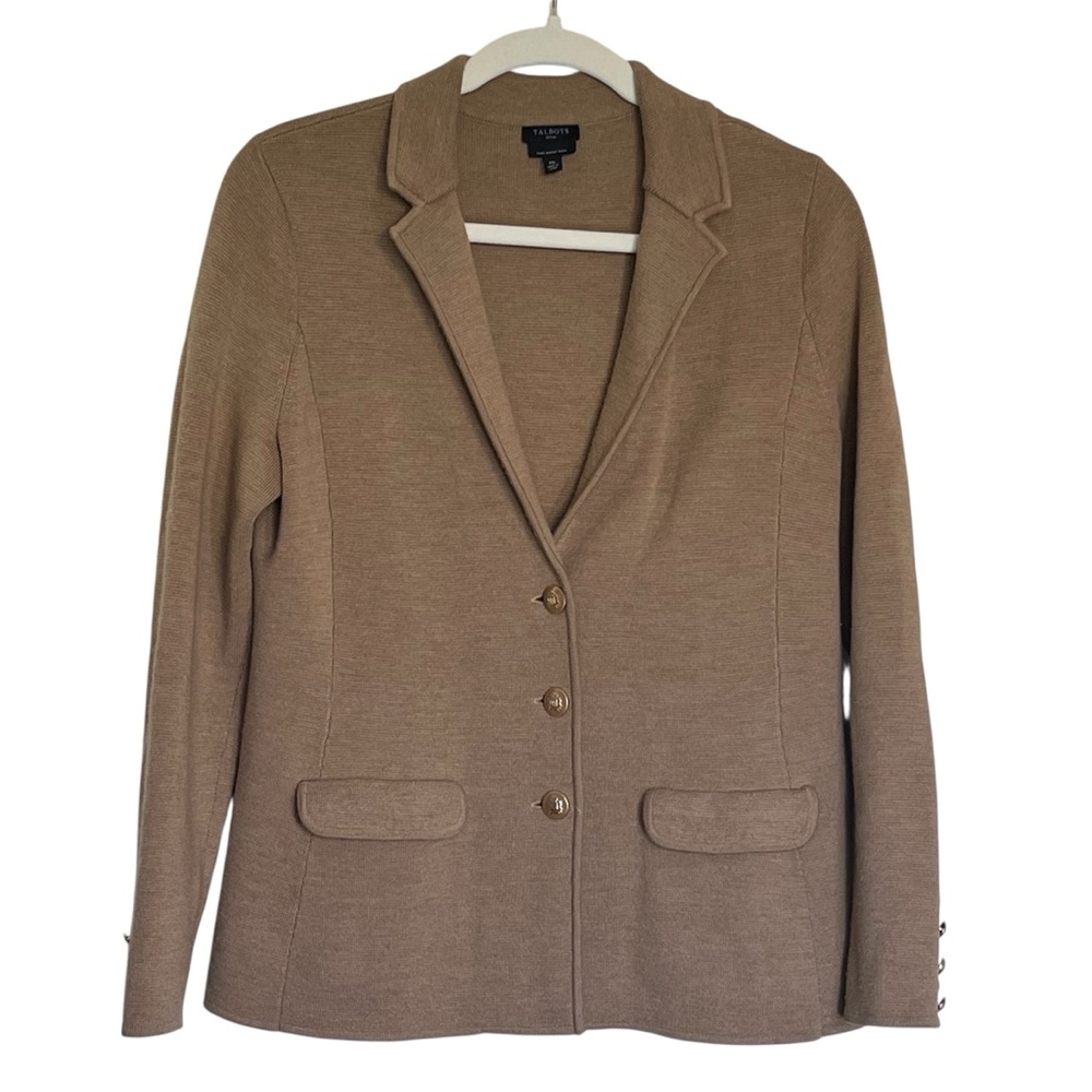 Talbots Petite Medium Merino Wool Knit Blazer Camel Tan Quiet Luxury Old Money